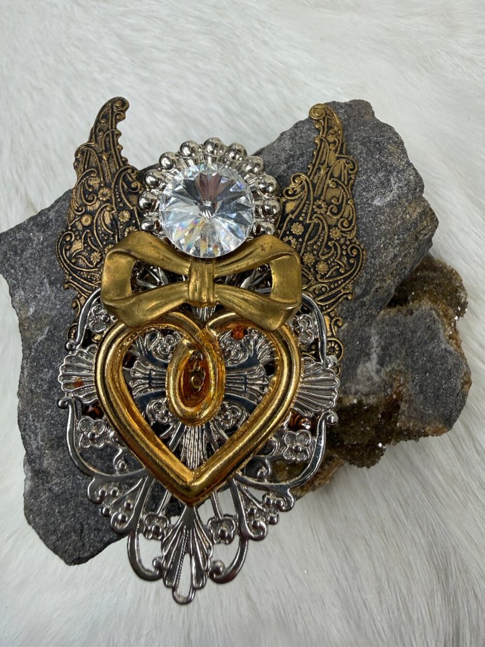Vintage Jane Davis Assemblage Angel Rivoli Rhinestone Brooch 3" X 2"